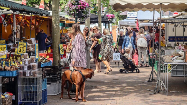 weekmarkt in 's-Gravenzande op een zonnige zomerse dag met kraampjes en zomers geklede mensen in het Westland