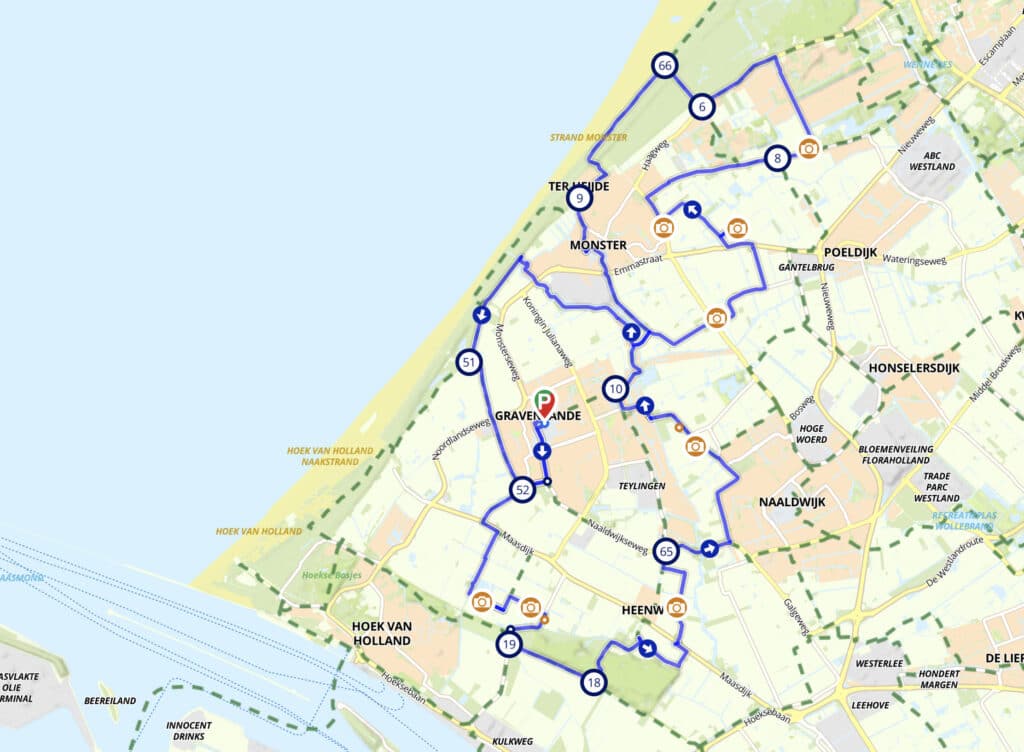 routekaart van route 2 van de Kassen Route Westland op de website van Route.nl met digitale routes langs 22 tuinders in het Westland
